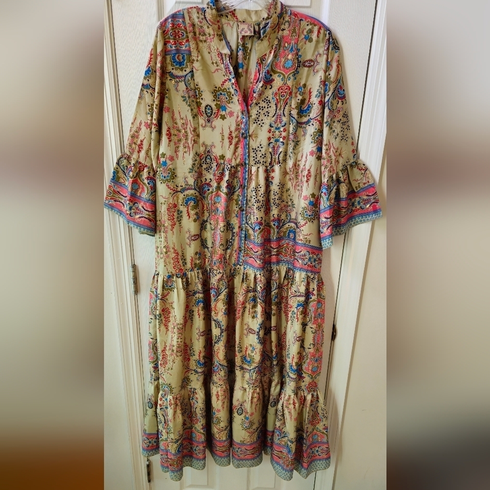 Swarna Greece Multi-Colored 100% Silk Bohemian Maxi Dress - Free Size